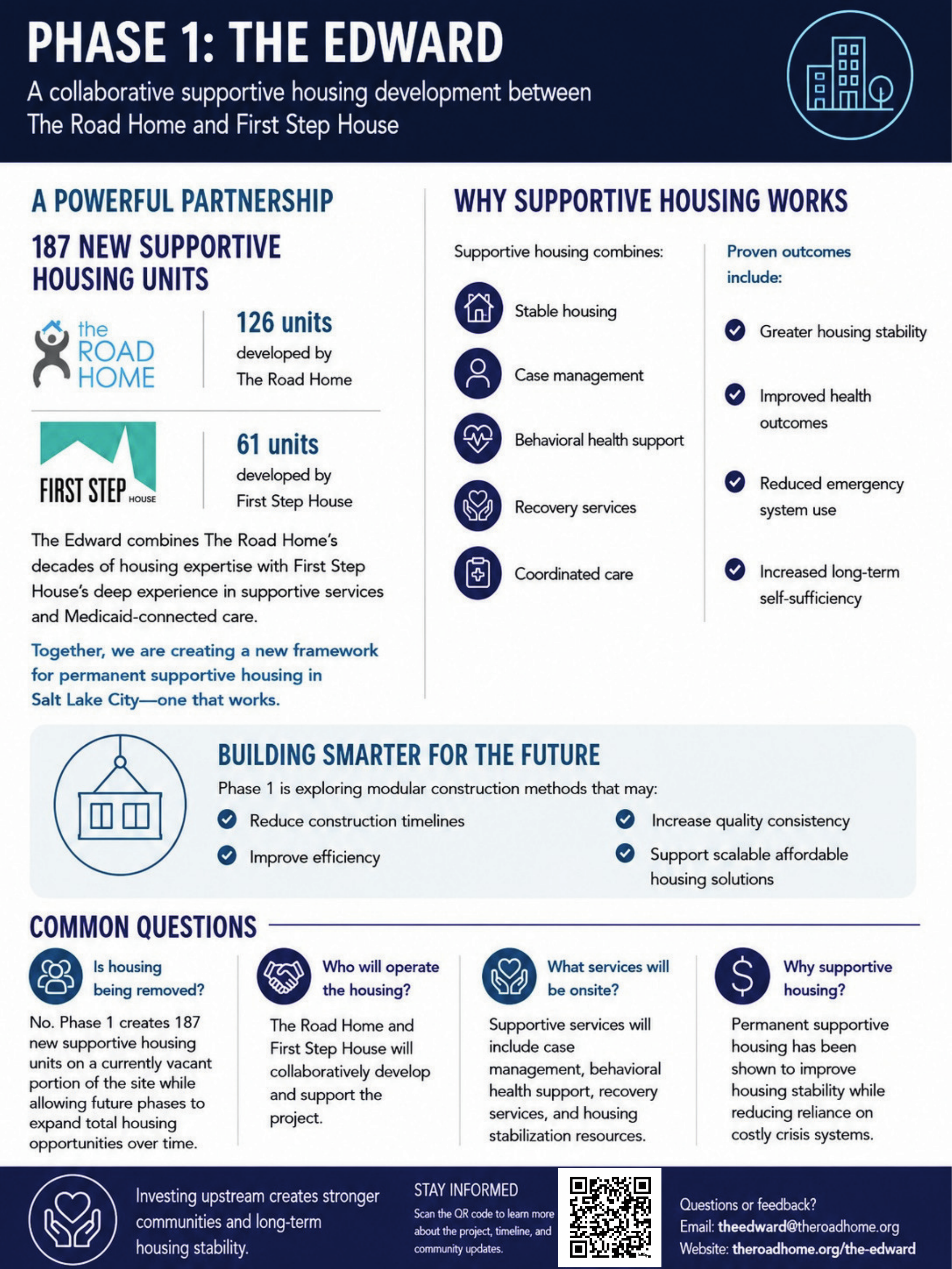 Project flyer page 2: Phase 1, The Edward, partnership details, supportive housing services, and common questions.